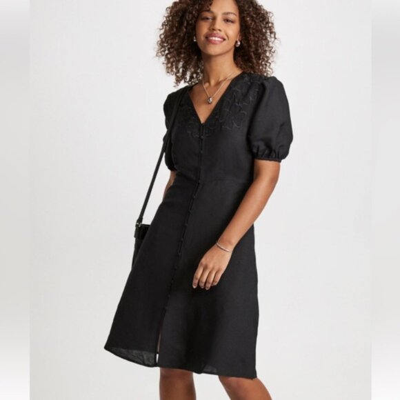 Laura Buttoned Linen-Blend Midi Dress Black - Picture 1 of 8